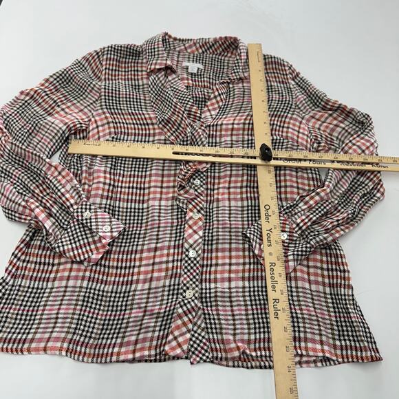 J.Jill Top Womens X Small Petite Pink Tea Rose Plaid Ruffled Button Front Blouse - Picture 8 of 10
